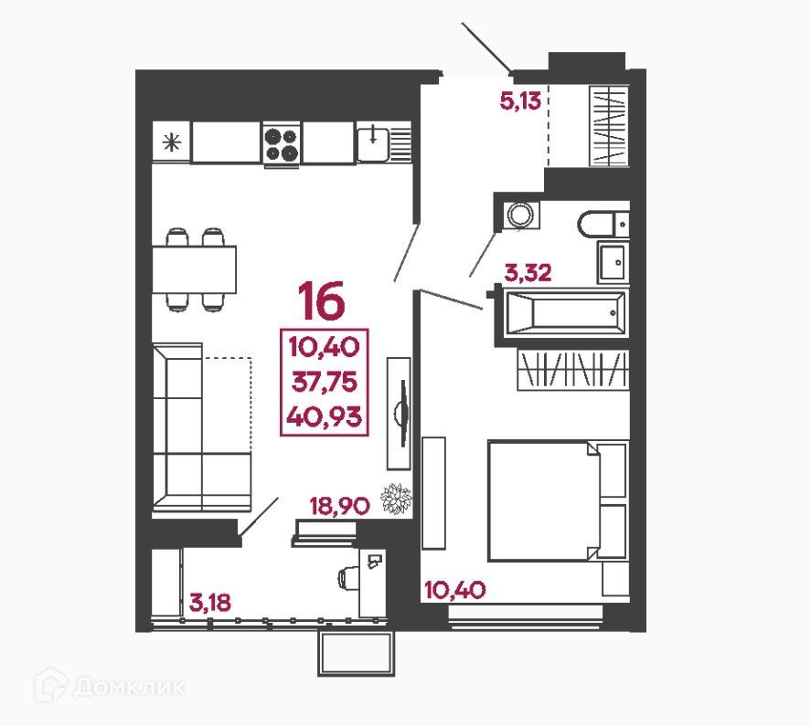 1-комн., 41 м², 16/17 этаж