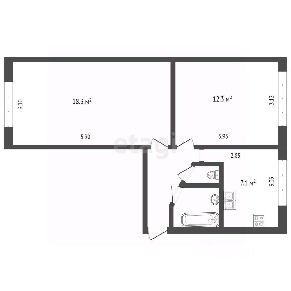2-комн., 44.8 м², 1/5 этаж