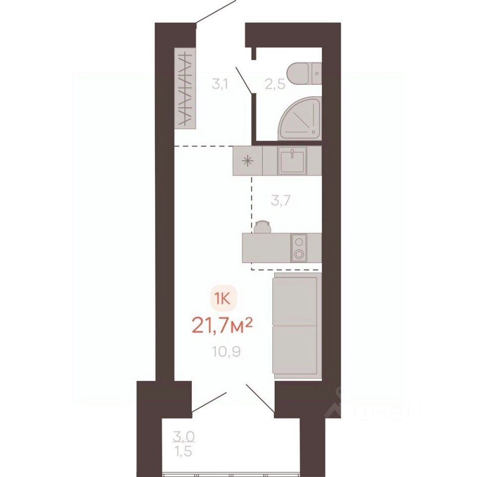1-комн. квартира, 21.9 м2, 9/10 этаж