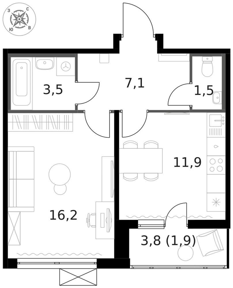 1-комн., 42.1 м², 9/13 этаж