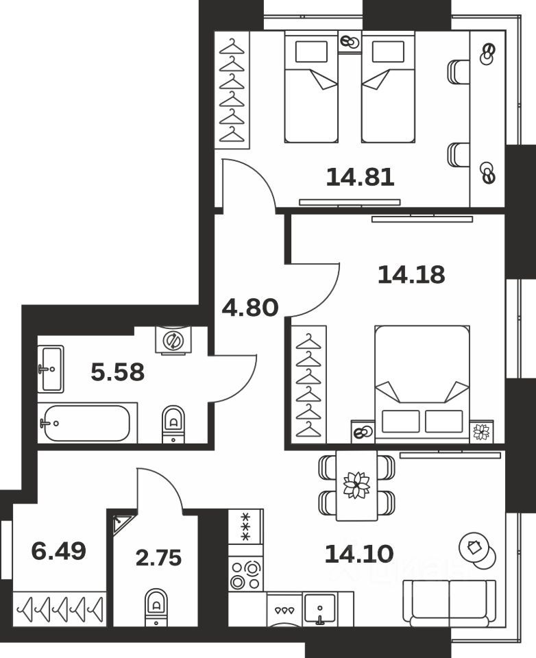2-комн. квартира, 62.7 м2, 1/7 этаж