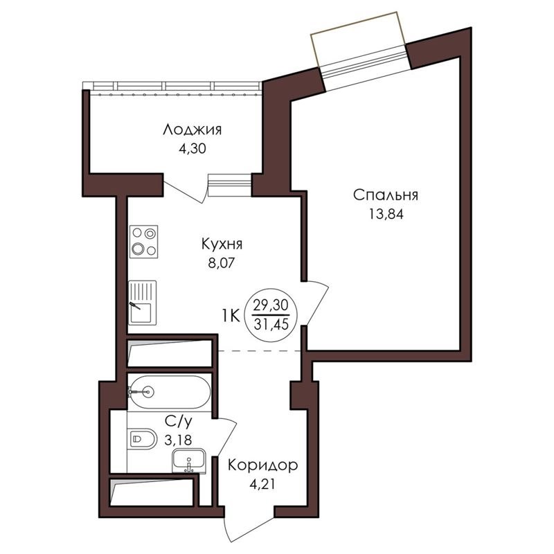 1-комн., 31.45 м², 20/23 этаж