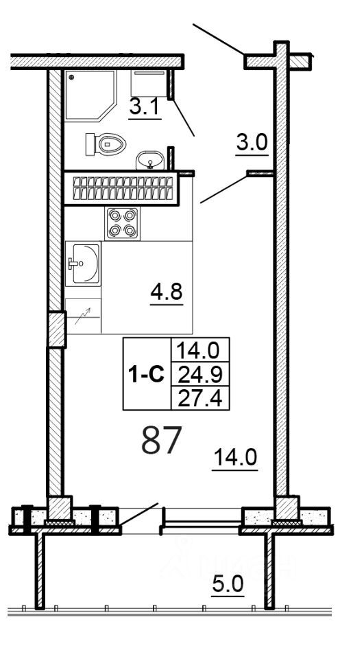 Студия, 27.4 м², 16/16 этаж