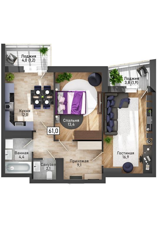 2-комн. квартира, 61 м², 11/21 этаж