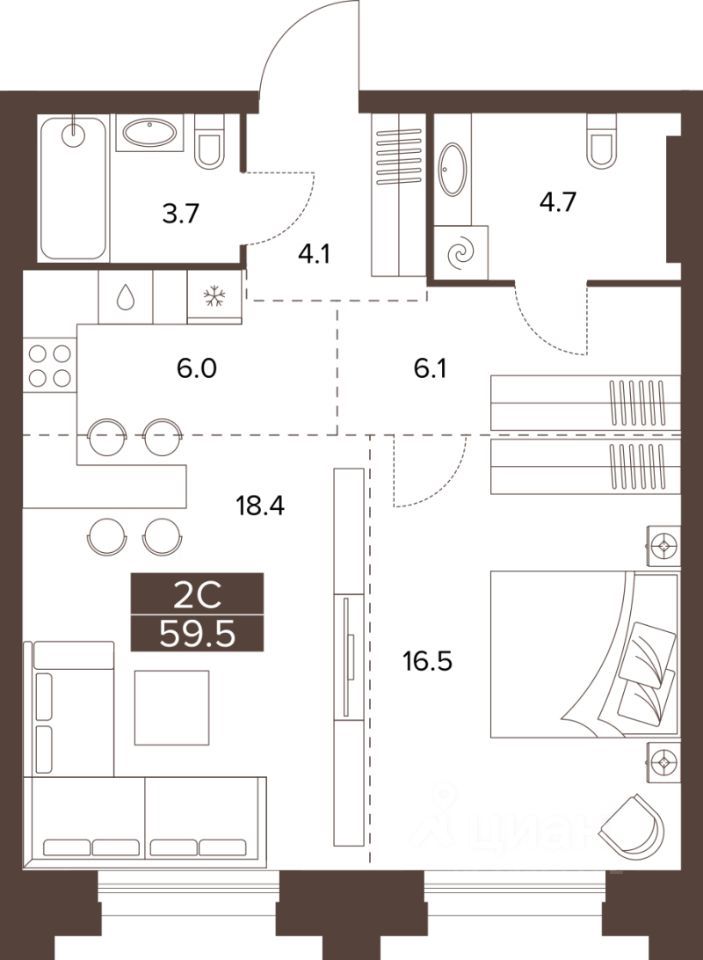 2-комн., 59.5 м², 3/16 этаж
