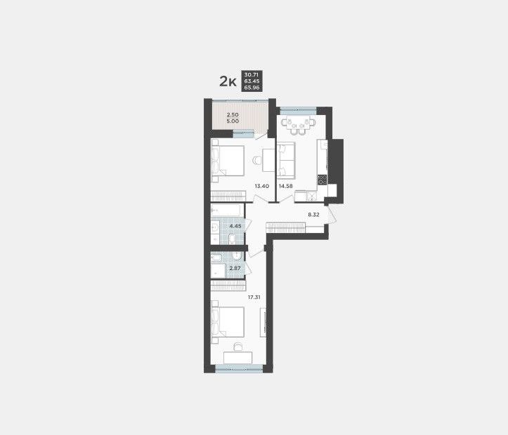 2-комн., 66 м², 1/9 этаж