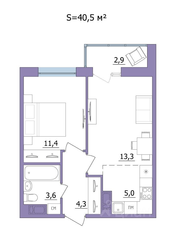 2-комн. квартира, 40.5 м2, 22/23 этаж