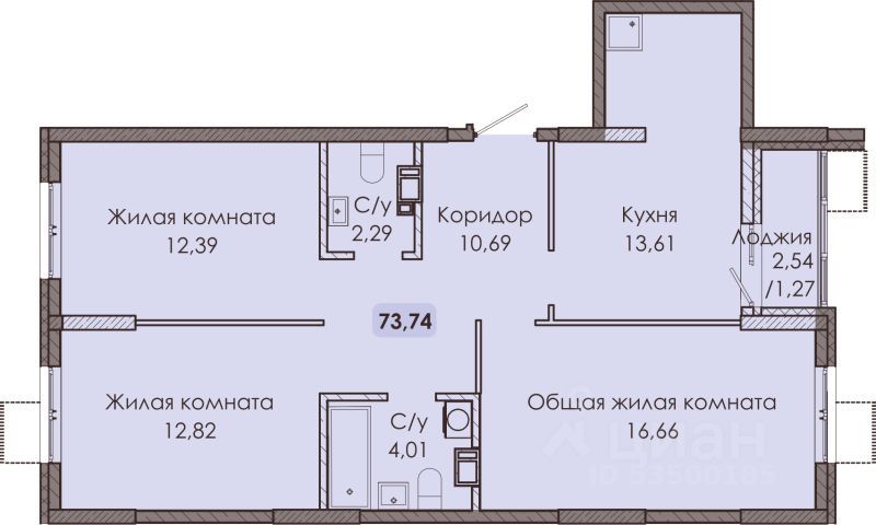 3-комн. квартира, 73.7 м2, 2/9 этаж