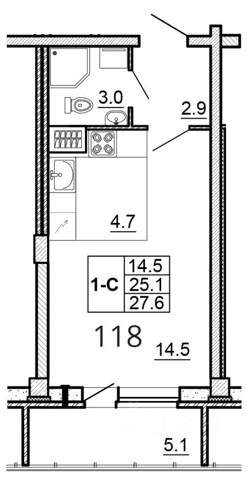 Студия, 27.6 м², 7/16 этаж