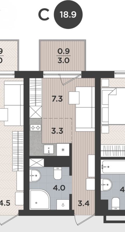 Студия, 18.9 м², 2/9 этаж