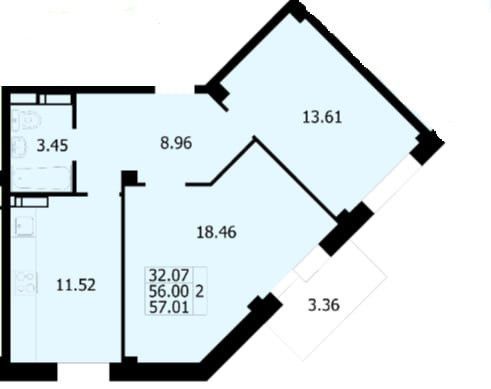 2-комн., 57 м², 8/9 этаж
