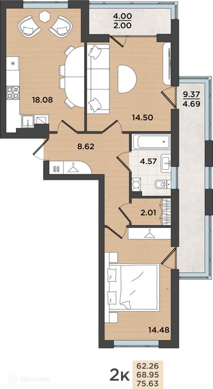 2-комн., 68.95 м², 1/8 этаж