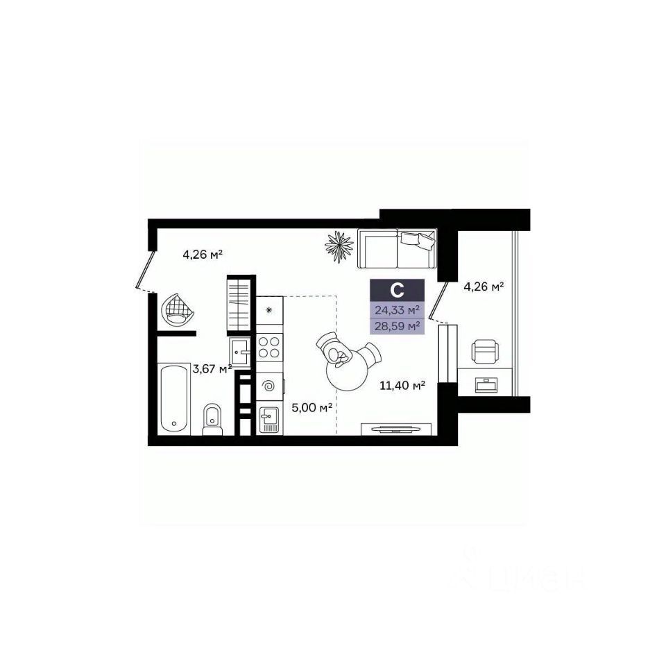 Студия, 28.59 м², 13/14 этаж