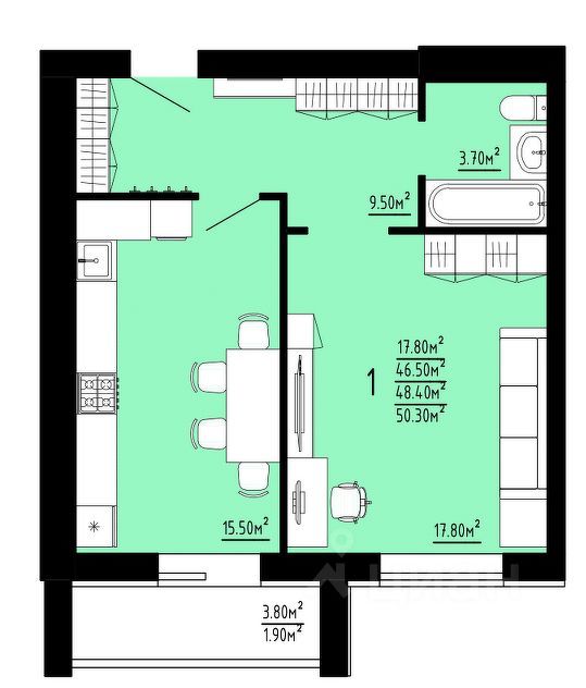 1-комн., 48.4 м², 6/10 этаж