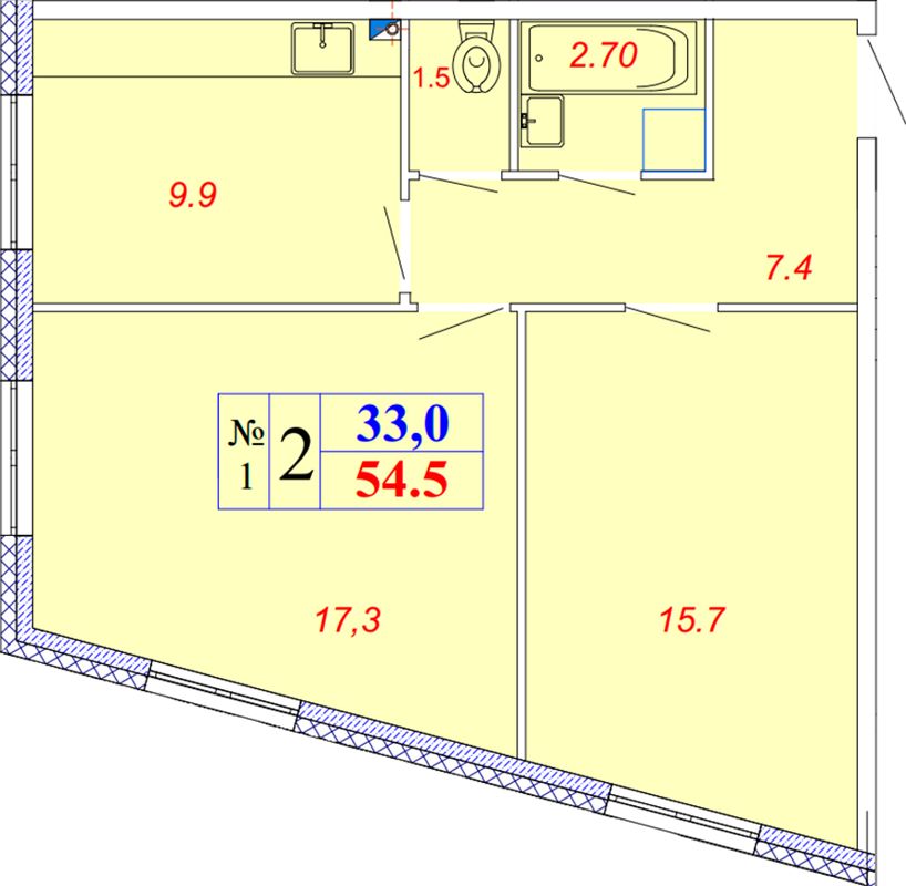 2-комн., 54.5 м², 1/3 этаж