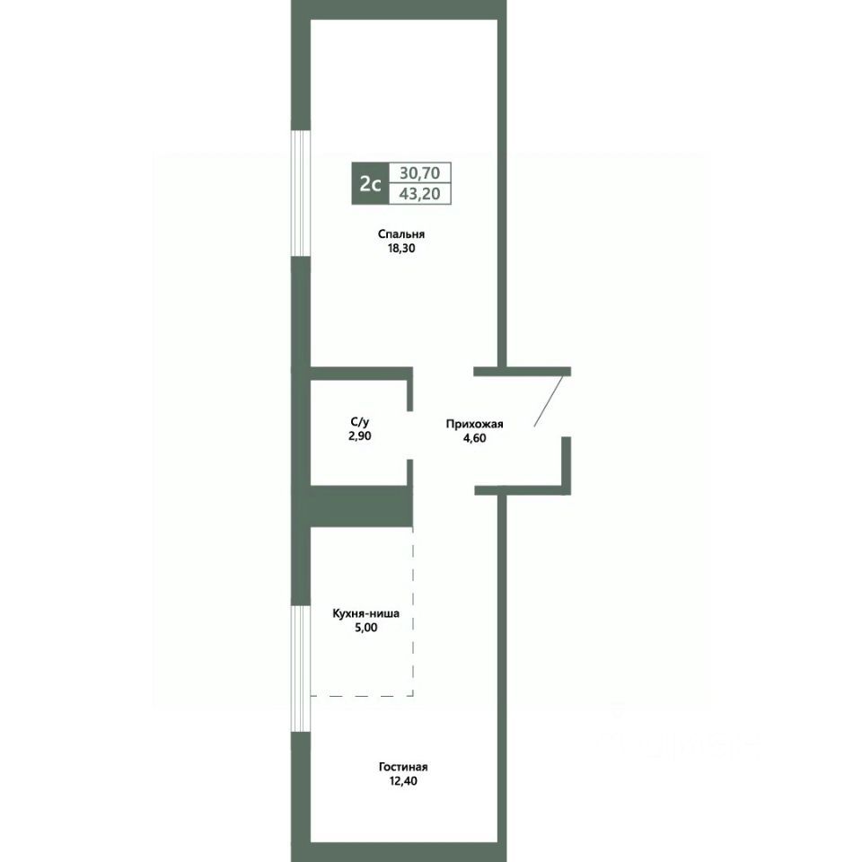 2-комн., 43.2 м², 1/10 этаж
