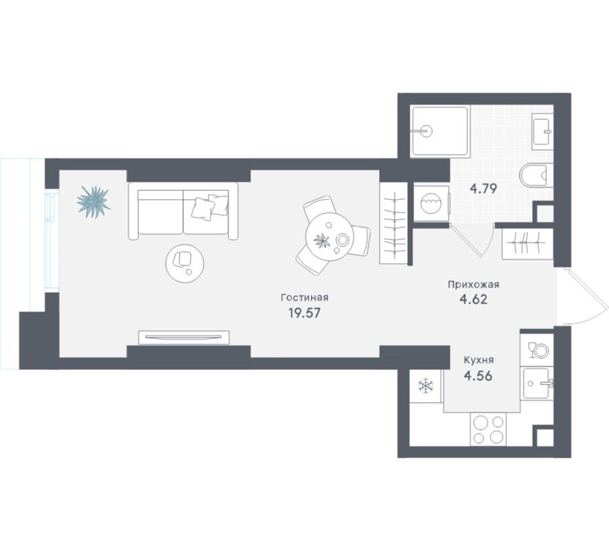 Студия, 33.54 м², 7/41 этаж
