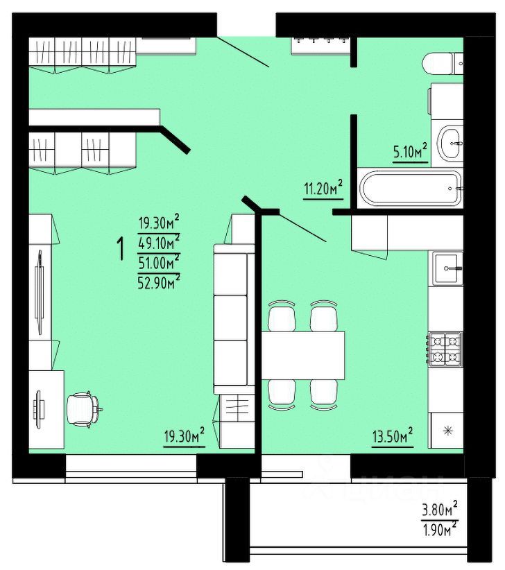 1-комн. квартира, 51 м2, 5/10 этаж