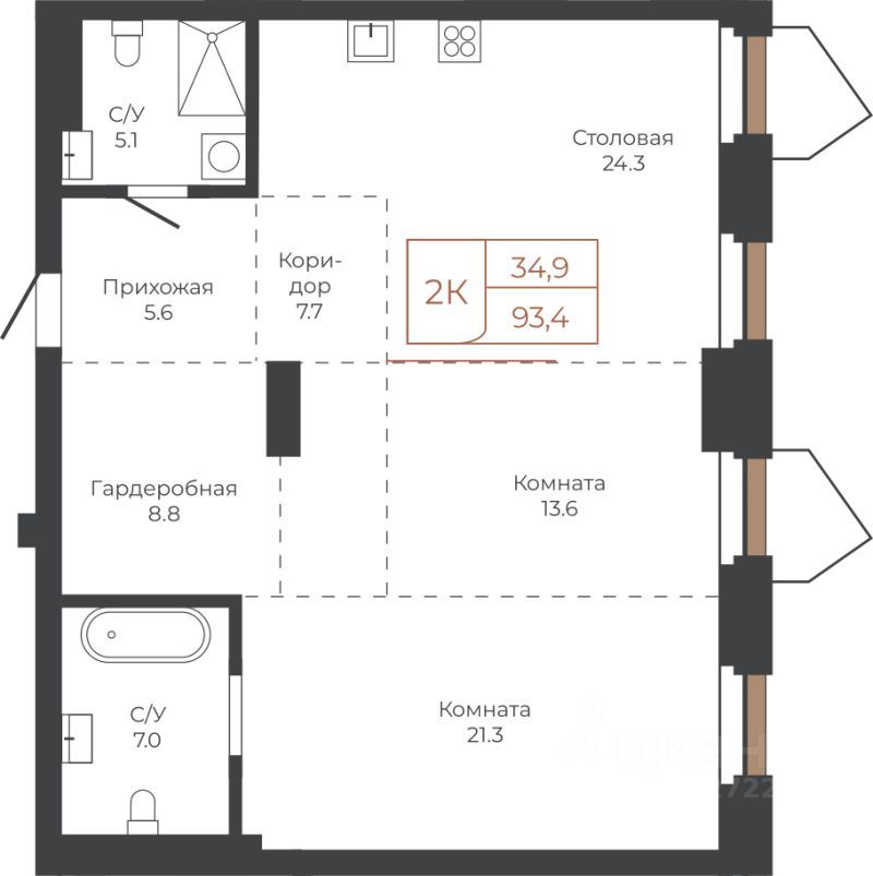 2-комн., 93.1 м², 7/27 этаж