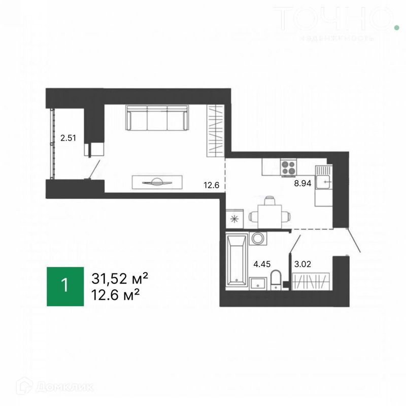 1-комн., 28.9 м², 16/17 этаж