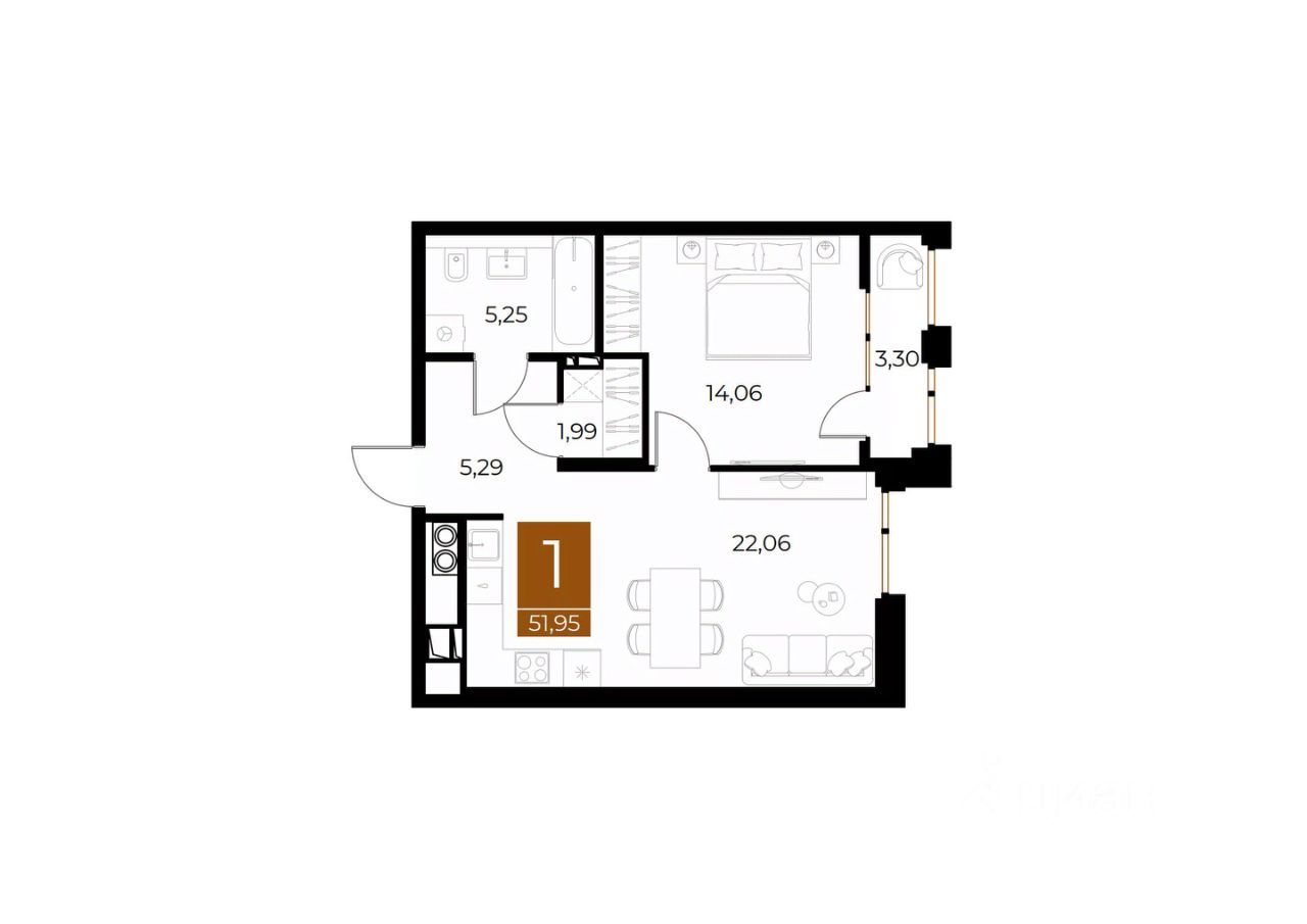 1-комн., 51.95 м², 3/8 этаж