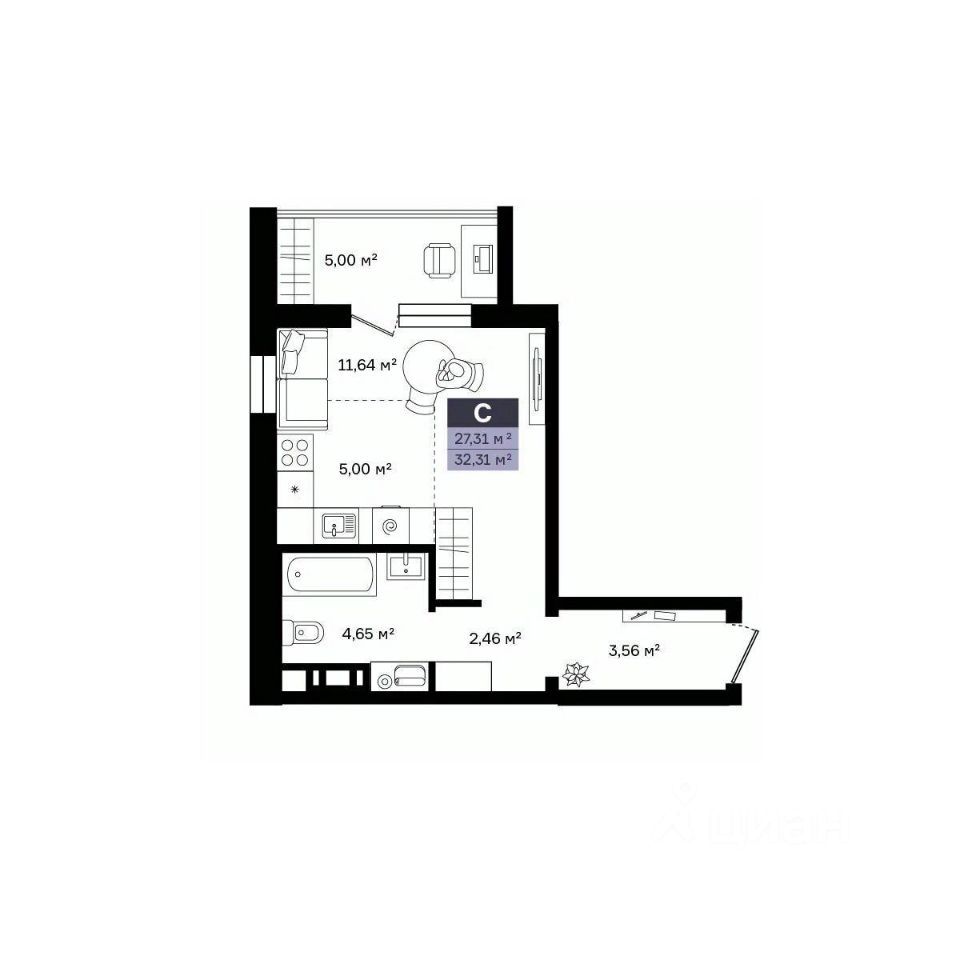 Студия, 32.31 м², 3/8 этаж
