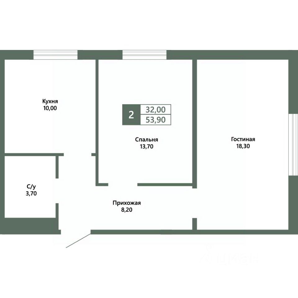 2-комн., 53.9 м², 1/10 этаж