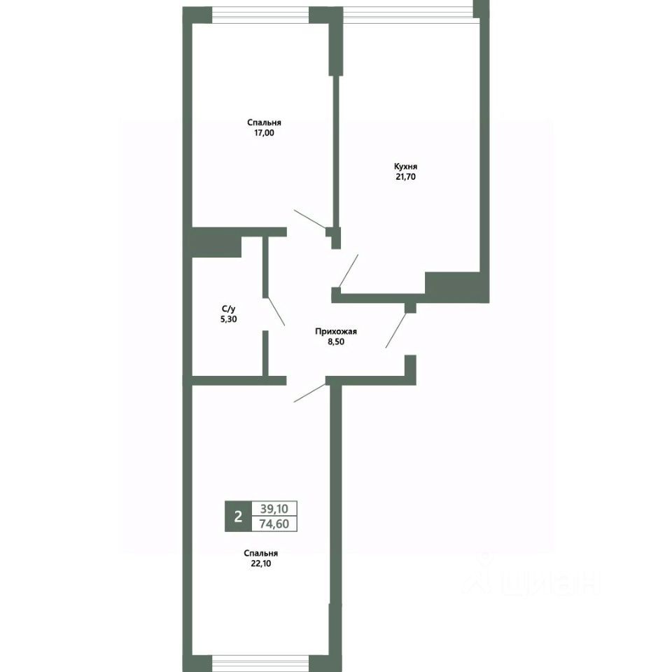 2-комн., 74.6 м², 4/14 этаж
