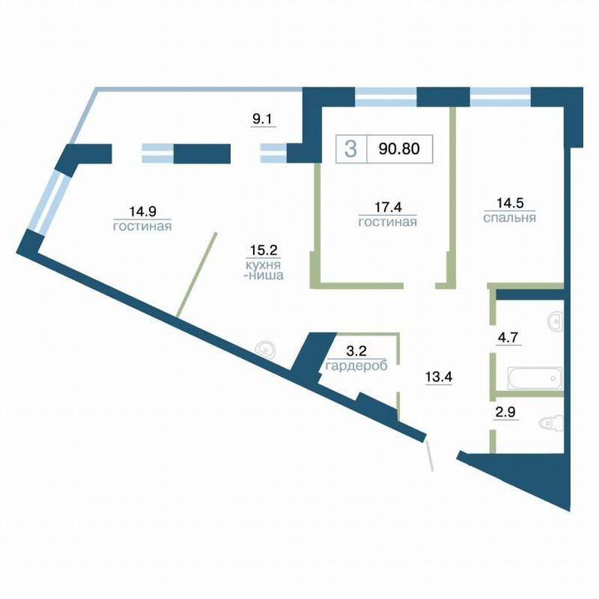 3-комн., 90.8 м², 13/24 этаж