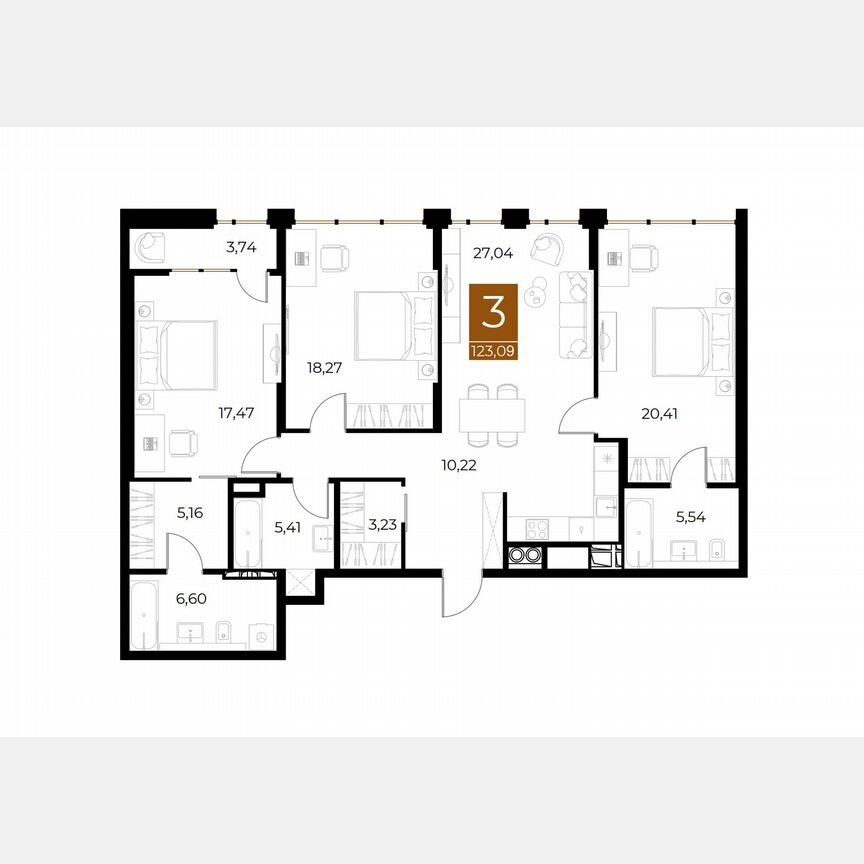 3-комн., 123.1 м², 3/8 этаж