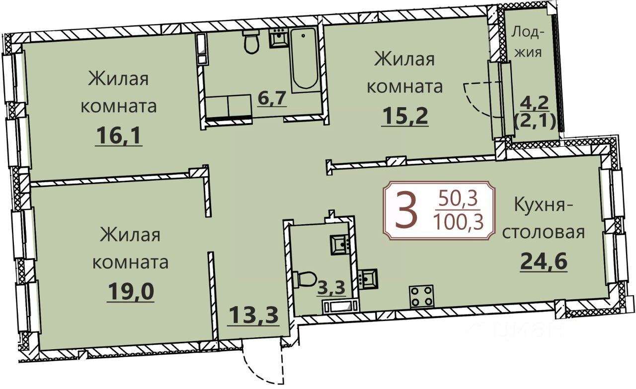 3-комн. квартира, 100.3 м2, 3/8 этаж