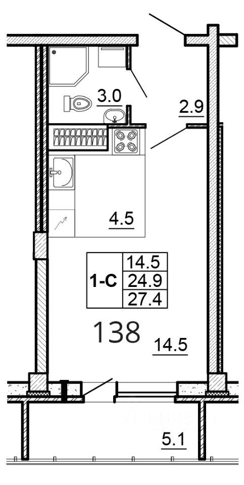 Студия, 27.4 м², 11/16 этаж