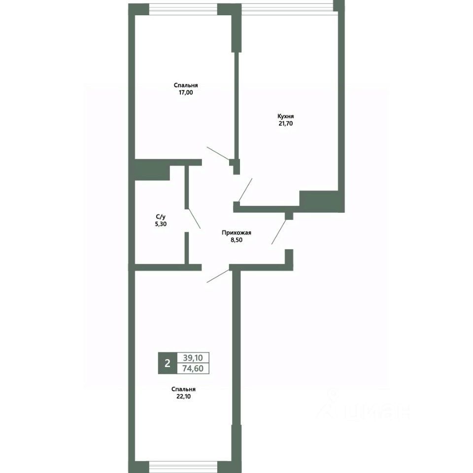 2-комн., 74.6 м², 2/16 этаж