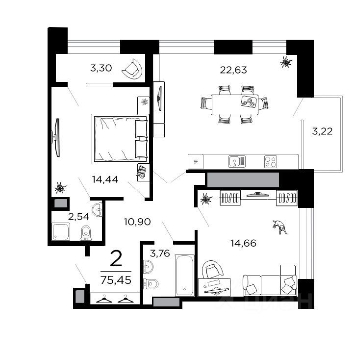 2-комн., 75.45 м², 16/19 этаж