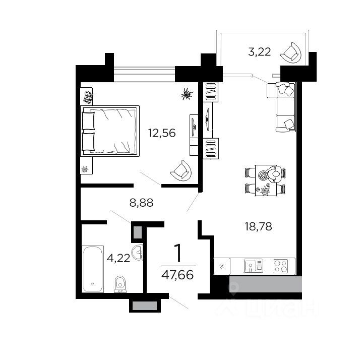 1-комн., 47.66 м², 16/19 этаж
