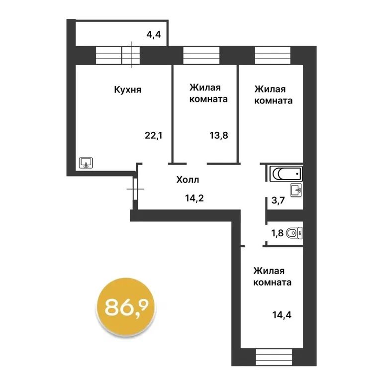 3-комн., 87.7 м², 1/14 этаж