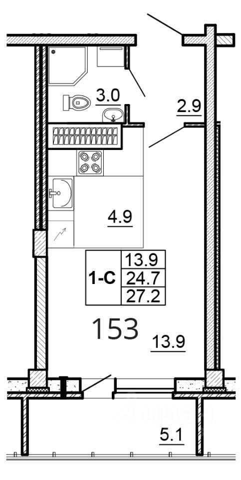 Студия, 27.2 м², 14/16 этаж