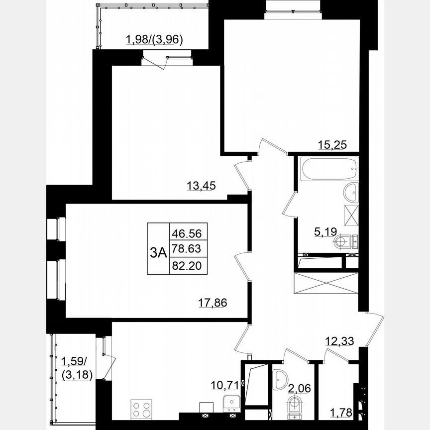 3-комн. квартира, 82.2 м2, 6/9 этаж