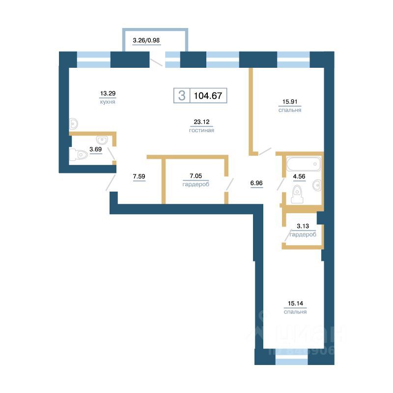 3-комн. квартира, 104.67 м², 2/7 этаж