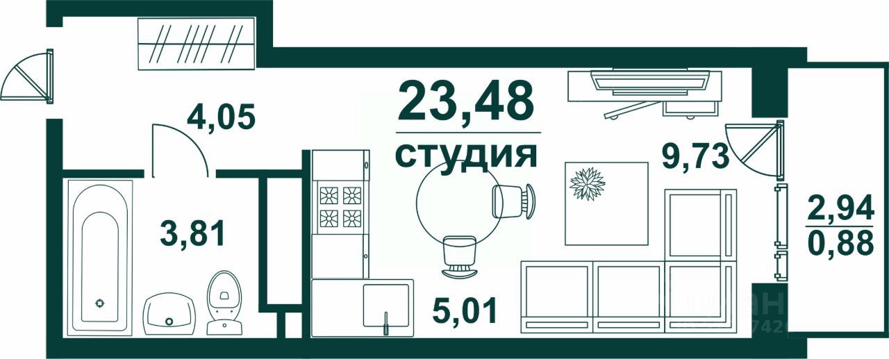 1-комн., 23.48 м², 12/24 этаж