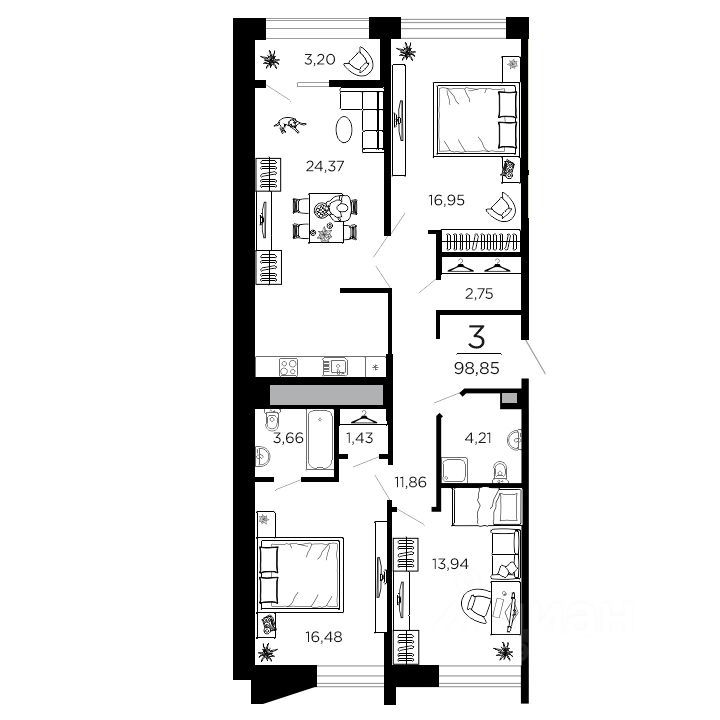 3-комн., 98.85 м², 12/19 этаж