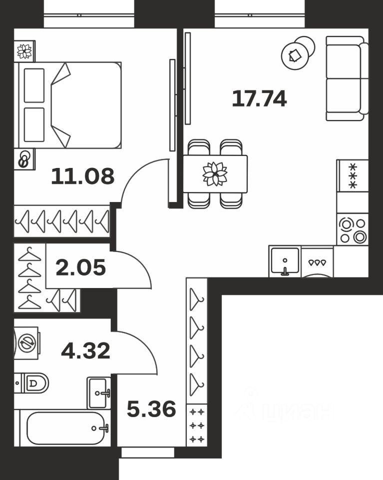1-комн. квартира, 40.6 м2, 1/7 этаж