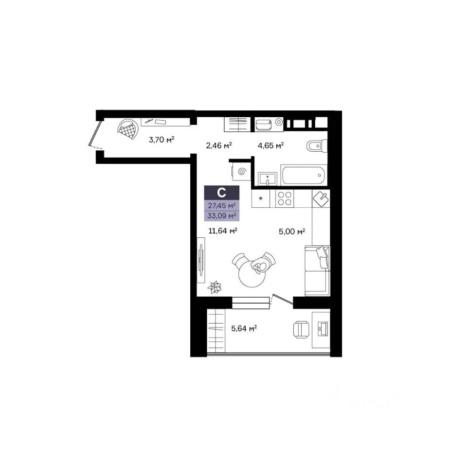 Студия, 33.09 м², 5/10 этаж