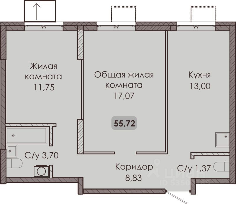 2-комн., 55.72 м², 1/9 этаж