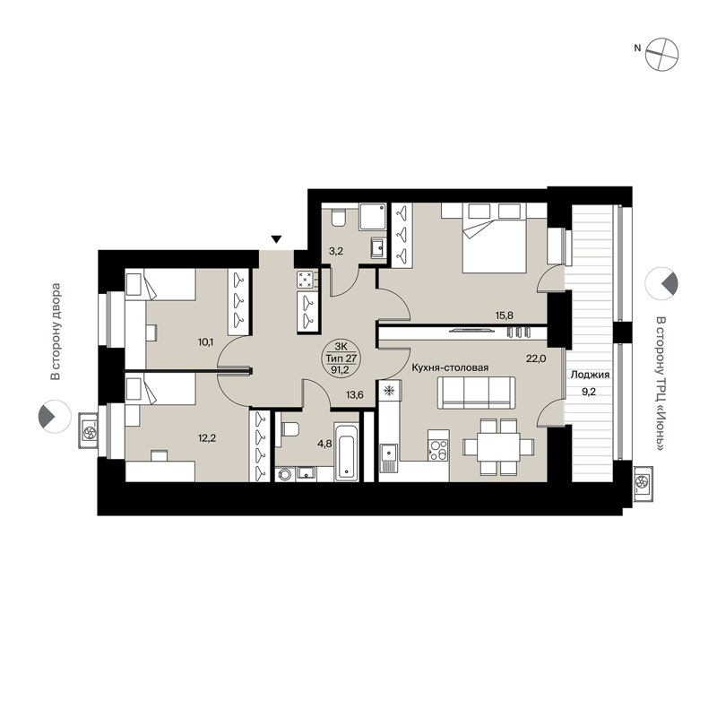 3-комн., 91.2 м², 4/14 этаж