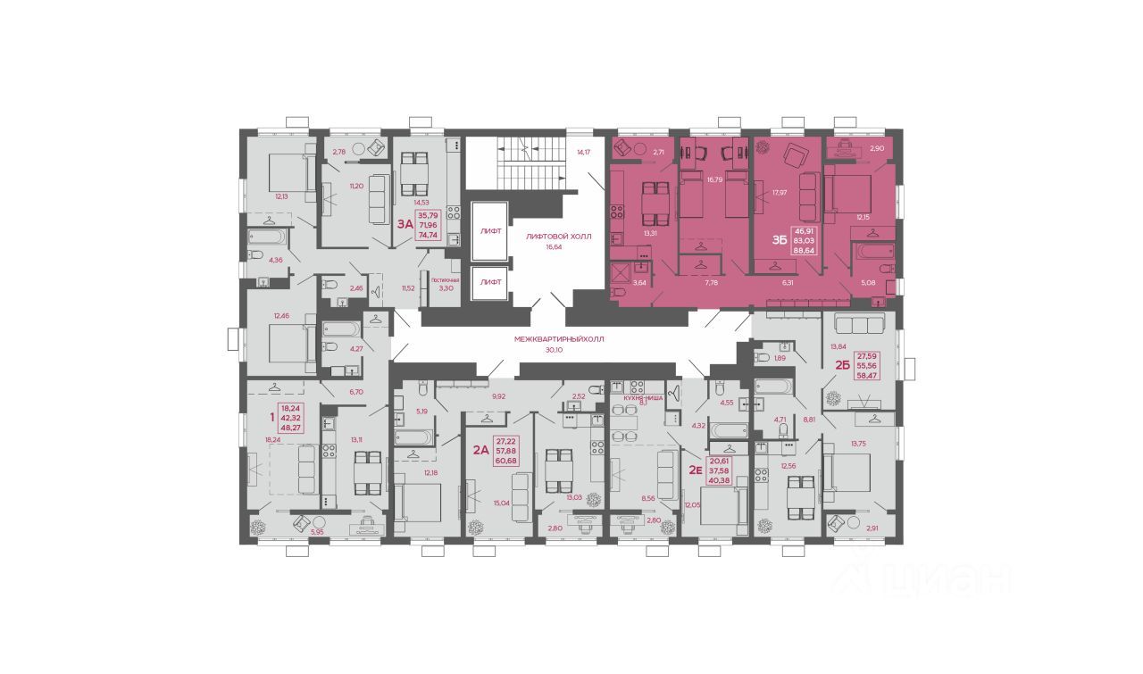 3-комн. квартира, 88.6 м2, 12/16 этаж
