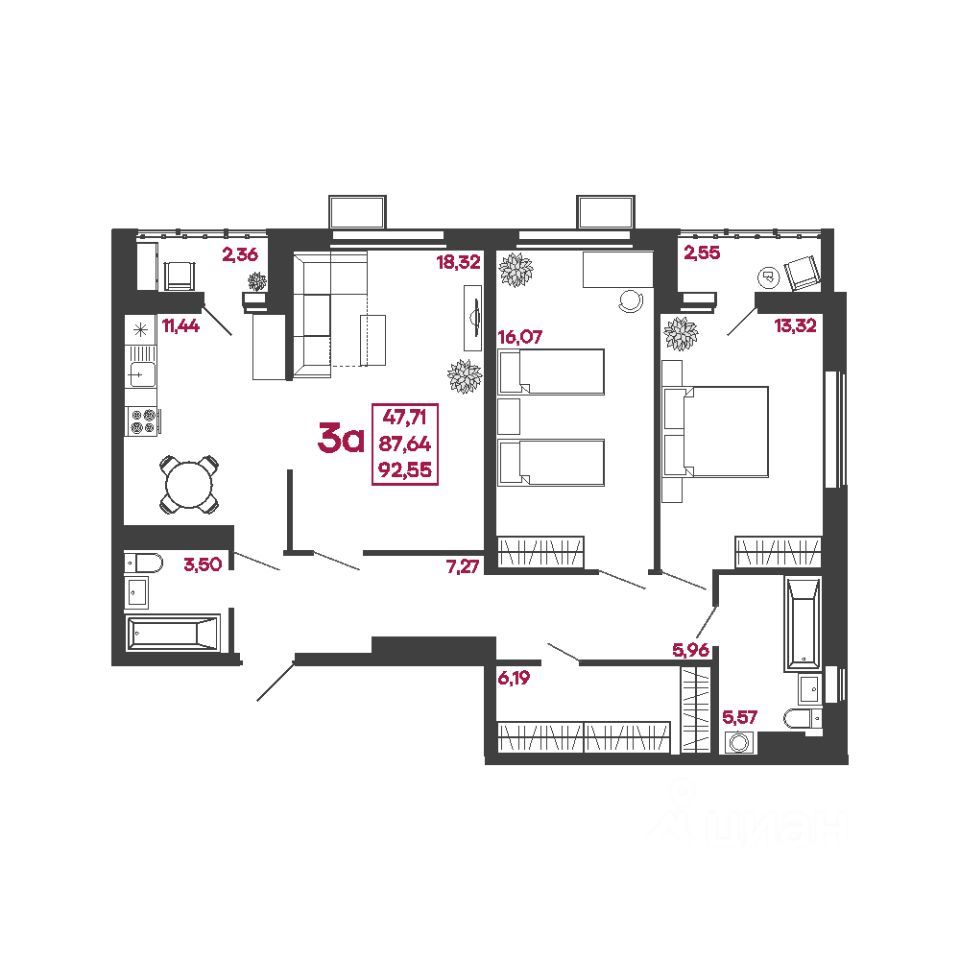 3-комн., 92.55 м², 1/17 этаж