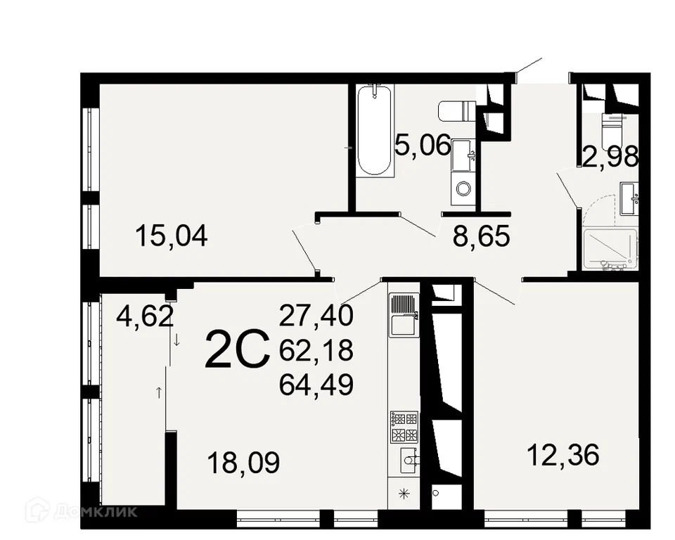 2-комн. квартира, 64.5 м2, 1/26 этаж