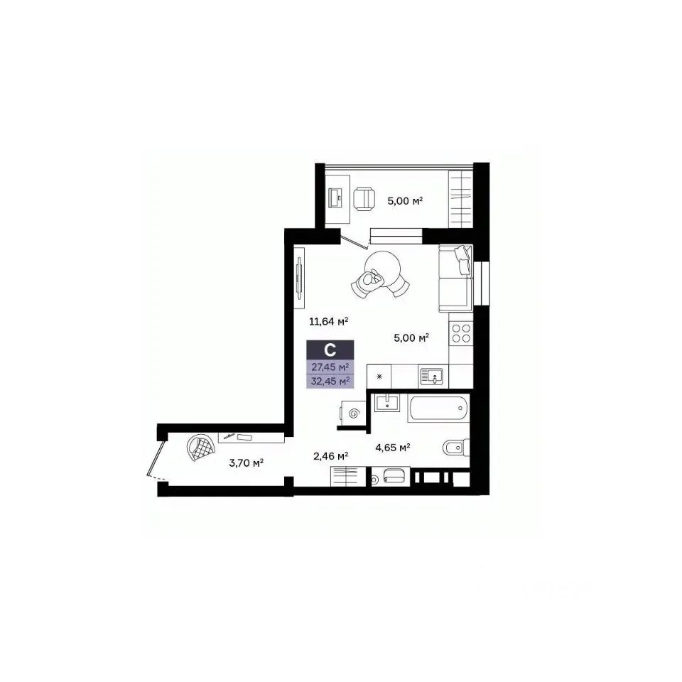 Студия, 32.45 м², 8/10 этаж