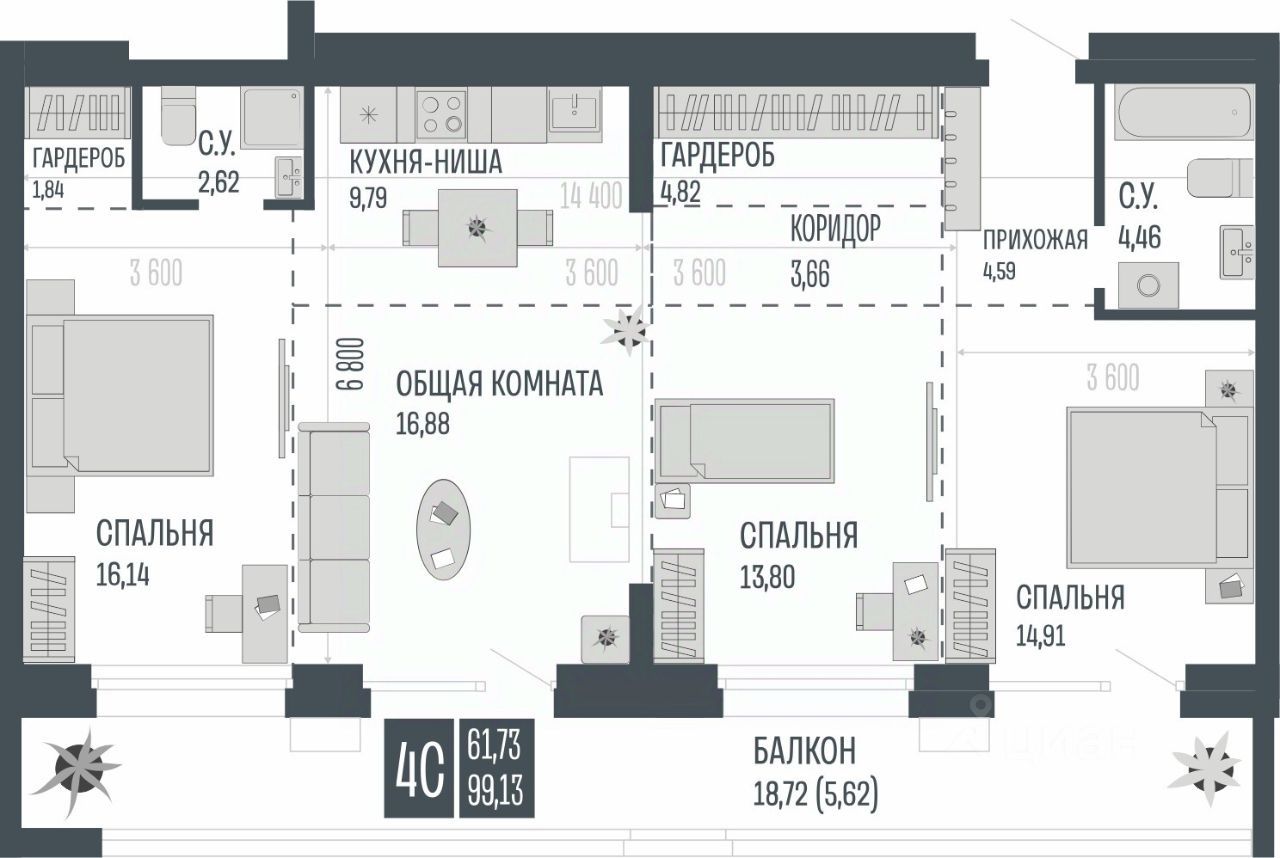 4-комн., 99.13 м², 15/15 этаж